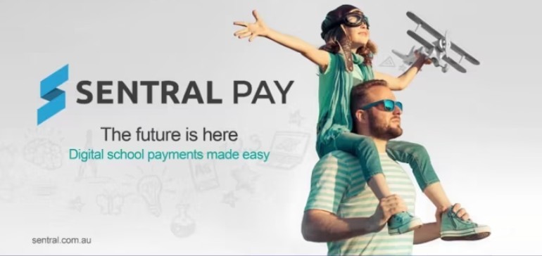 Sentral_Pay_is_here Sentral Pay. The future is here. Digital school payments made easy. A boy on his father's shoulders holding a toy plane.